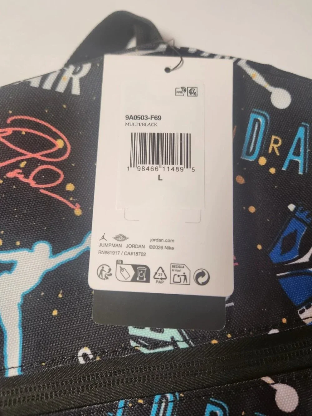 Nike Air Jordan Backpack All Over Print With Zip Pouch 9A0503-F69 Large Bag New